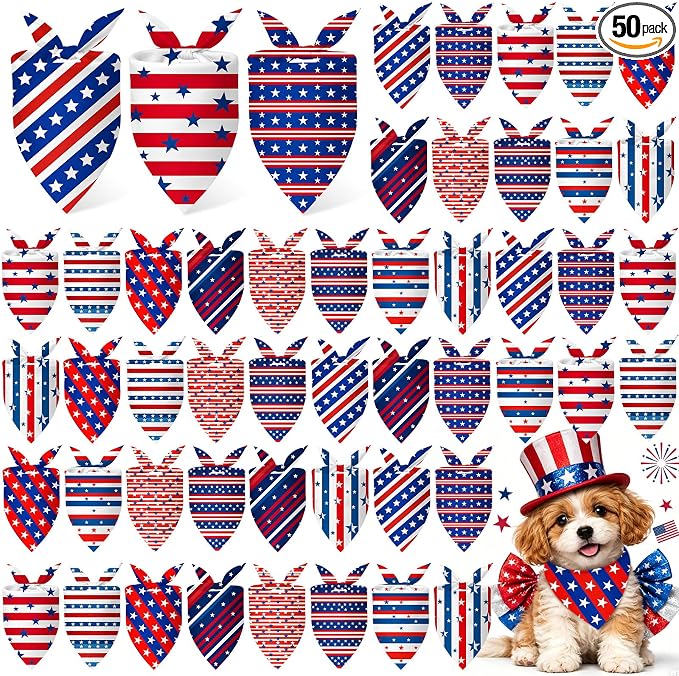 50 Pcs 4th of July Dog Bandanas Bulk for Patriotic 250th Anniversary, Red White Blue Striped Star Triangle Scarf for USA Memorial Small Medium Large(Striped Star, 19.7 x 13.8 x 13.8 Inch)
