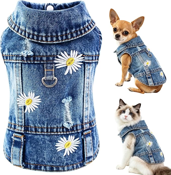Denim Vest Jacket for Small Medium Dog Clothes Jean Apparel Cute Outfit for Dog Cat Girls Boys Puppy Costume Dog Harness Dress Shirt Chihuahua Yorkie(Many Daisy with D Ring, X-Small)