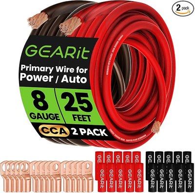 GEARit 8 Gauge Amp Wiring Kit CCA 3-in-1, 8 AWG Copper Clad Aluminum Power & Ground Battery Cable, 25 ft Each Black & Red, with 15 Lugs & 20 Heat Shrink for Car Audio