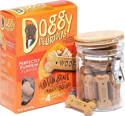 Doggy Delirious Crunchy Dog Treats – for All Pet Sizes, Breeds – All-Natural Puppy Treat – 100% Human-Grade – Delicious Pet Treat Bones, Snacks for Dogs – Pumpkin, 16 Oz.