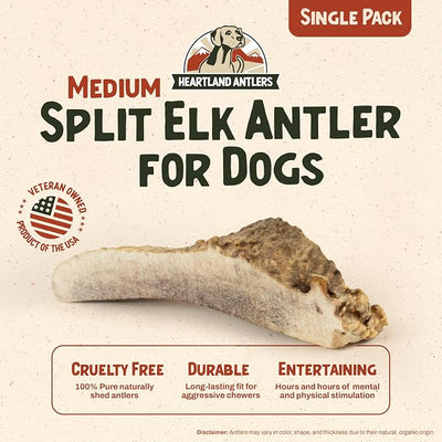 Heartland Elk Antlers for Dogs - Daily Dental Care Chews for Aggressive Chewers to Reduce Plaque & Prevent Destructive Behavior (Splinter Free, Split, 5", Medium, 1-Pack, Grade A, USA Made)