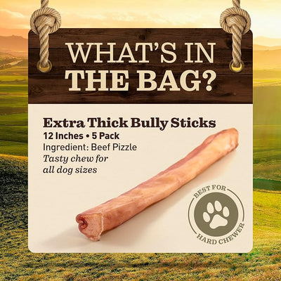 Pet Odor-Free Extra-Thick Jumbo Bully Sticks for Large Dogs (12", 5 Pack) – All-Natural, Long-Lasting Dog Chews Made from 100% Grass-Fed Beef, High-Protein & Grain-Free.