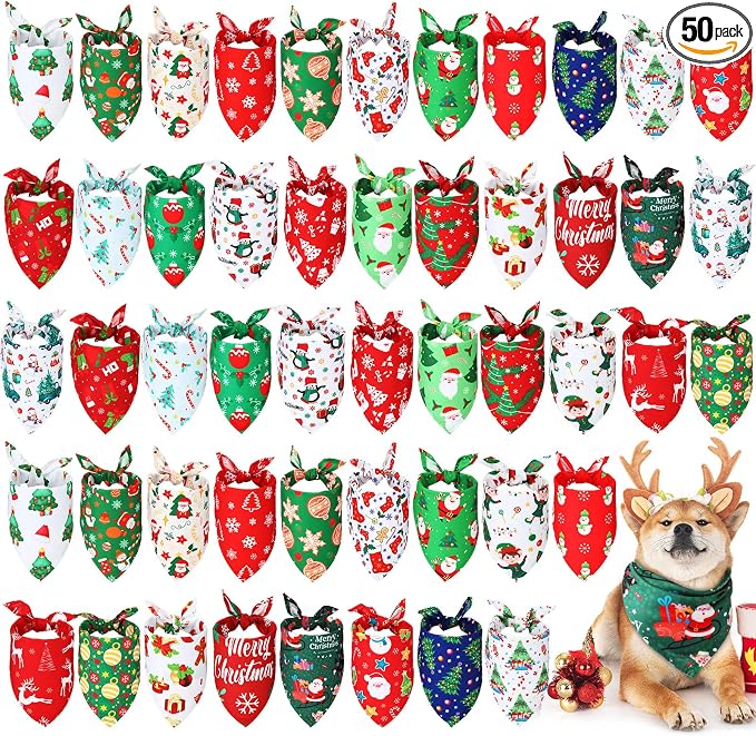 Abbylike 50 Pcs Christmas Dog Bandanas Bulk Xmas Bandanas for Dogs Triangle Kerchief Bibs Scarf Set for Pet Xmas Costume Photo Props Accessories Pet Shops Grooming, 25 Styles (25.6 x 17.7 x 17.7)