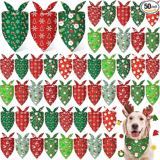 50 Pcs Christmas Bandanas for Dogs Xmas Bandanas Bulk with Santa Snowflake Candy Cane Soft Bibs Adjustable Triangle Doggie Scarf for Small Medium Large Pet (31.5 x 21.7 x 21.7 Inch)