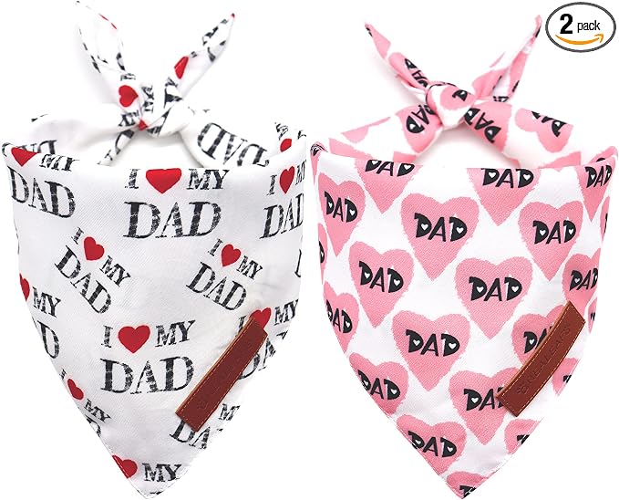 Fathers Day Dog Bandanas 2 Pack, Reversible I Love My Dad Pet Scarf for Boy and Girl, Premium Durable Fabric, Bandana for Small Medium Large and Extra Large Dogs (X-Large)