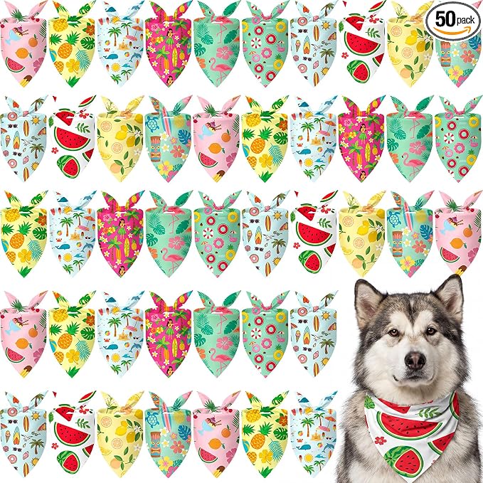 50 Pcs Summer Bandanas Bulk for Dogs Kerchief Bibs Scarves with Beach, Fruit, Hawaii Ice Cream Luau Aloha Pool for Small Medium Large Grooming Accessories(31.5 x 21.7 X21.7 Inch)