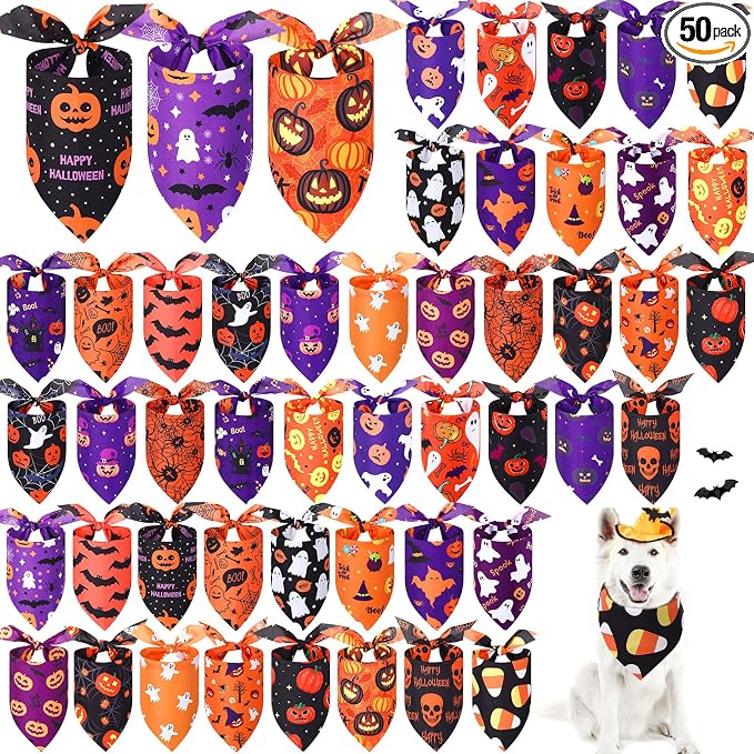 50 Pcs Halloween Dog Bandanas Bulk Pumpkin Bandanas for Dogs Triangle Kerchief Bibs Scarf Set for Pet Halloween Costume Photo Props Accessories Pet Shops, 25 Styles (31.5 x 21.7 x 21.7")