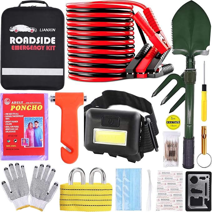 Emergency Car Kit,Automotive Safety Kits with Jumper Cables, Safety Hammer | Premium Roadside Assistance Kit for Cars Gifts for New Drivers Headlamp, folding shovel,for travel and roadside emergencies