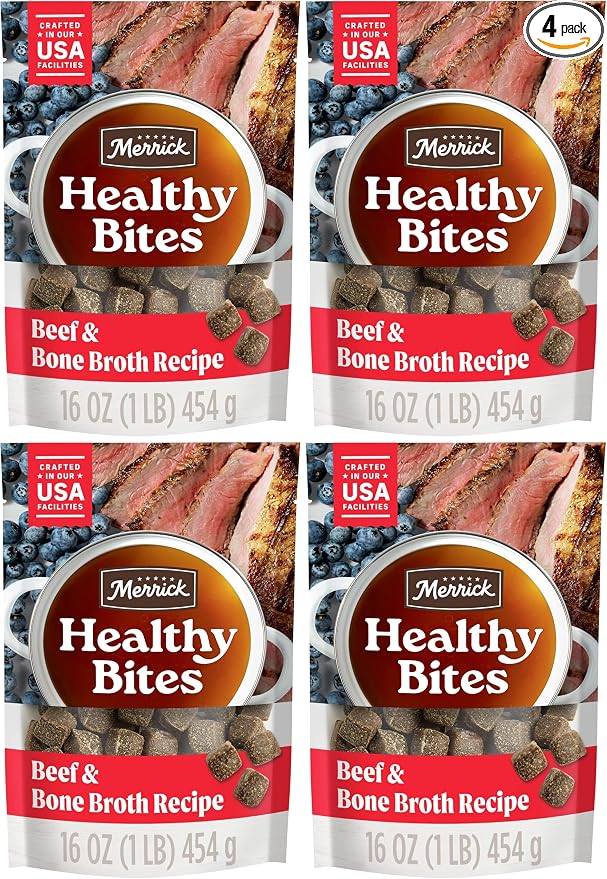 Merrick Healthy Bites Grain Free Dog Treats, Soft Treats with Bone Broth for Dogs, Beef and Bone Broth Recipe - 16 oz. Pouch (Pack of 4)