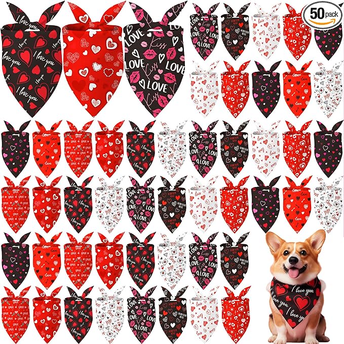 50 Pcs Valentine's Day Dog Bandanas Bulk for Dogs Soft Bibs Adjustable Triangle Heart Lips Bandana for Small Medium Large Pet Costume(Valentine, 25.6 x 17.7 x 17.7 Inch)