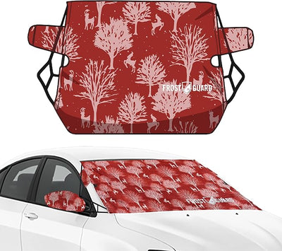 FrostGuard Vortex | Winter Windshield Cover for Ice and Snow, Standard Size (Winterwoods, Red) - Wiper Blade + Side Mirror Covers - Fit-Fast Straps, Security Panels + Storage Pouch - 59 x 41 Inches