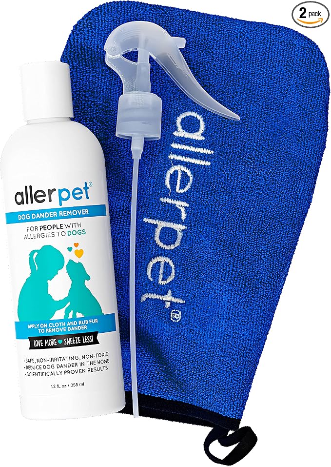 Allerpet Dog Dander Remover w/Free Applicator Mitt & Sprayer - Best Pet Dander Remover for Allergens - for Canine Dry Skin Treatment - Good for Fur & Skin - (12oz)