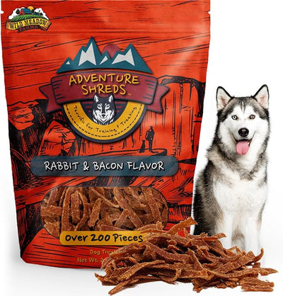 Adventure Shreds Rabbit & Bacon Dog Treats, Soft & Thin Dog Treats for Training & Rewards, Grain-Free Snacks for Pets of All Breeds and Ages - 2.5 Ounce Pouch
