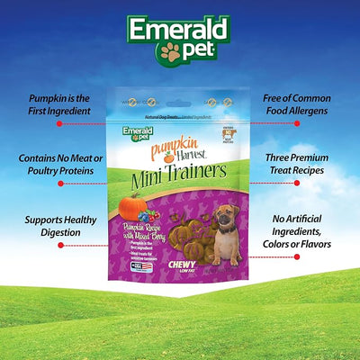 Emerald Pet Pumpkin Harvest Mini Trainers Dog Treats, Mixed Berry Flavor, 6 oz – Chewy Low-Fat Training Treats with Pumpkin, Blueberries & Cranberries – Natural, Wheat-Free, Meat-Free, Made in USA