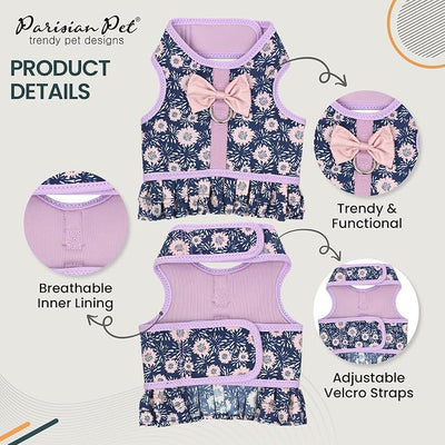 Parisian Pet Floral Dog Harness Dress - Breathable No Pull Puppy Dress with Leash Ring - 100% Mesh Fabric Harnesses for Dogs - Soft Padded Step in Pet Vest - All Weather Dog Harness for Large Dogs