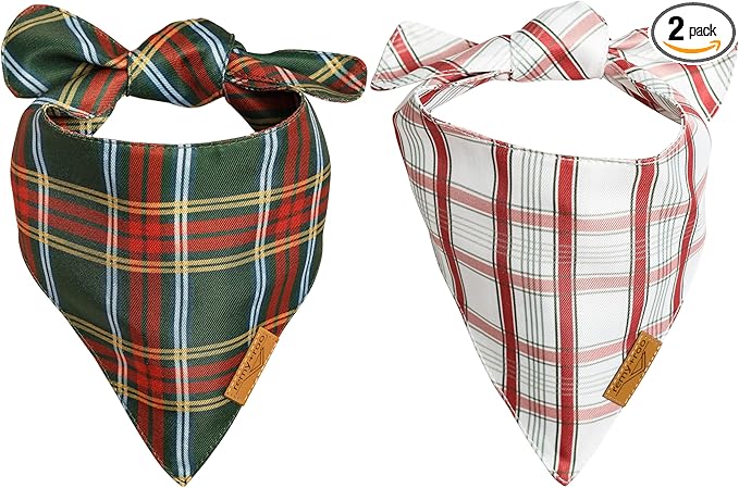 Remy+Roo Dog Bandanas - 2 Pack | Holiday Plaids Christmas Dog Bandanas Set | Premium Durable Fabric | Patented Shape Bandanas for Dogs (Holiday Plaids, Large)