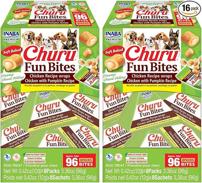 INABA Churu Fun Bites for Dogs, Soft & Chewy Baked Chicken Wrapped Filled Dog Treats with Vitamin E, 0.42 Ounces per Tetra, 8 Tetras per Box, Chicken with Pumpkin Recipe (Pack of 2)