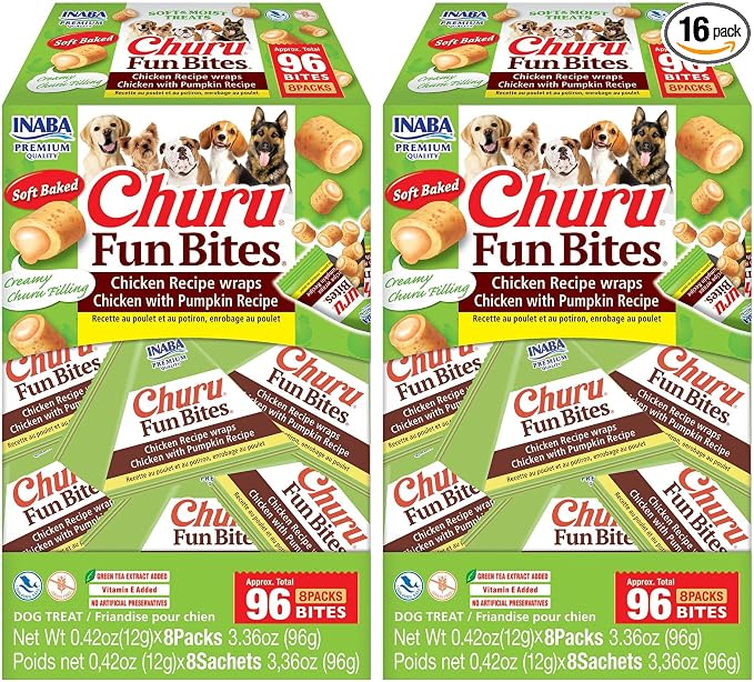 Churu Fun Bites for Dogs, Soft & Chewy Baked Chicken Wrapped Filled Dog Treats with Vitamin E, 0.42 Ounces per Tetra, 8 Tetras per Box, Chicken with Pumpkin Recipe (Pack of 2)