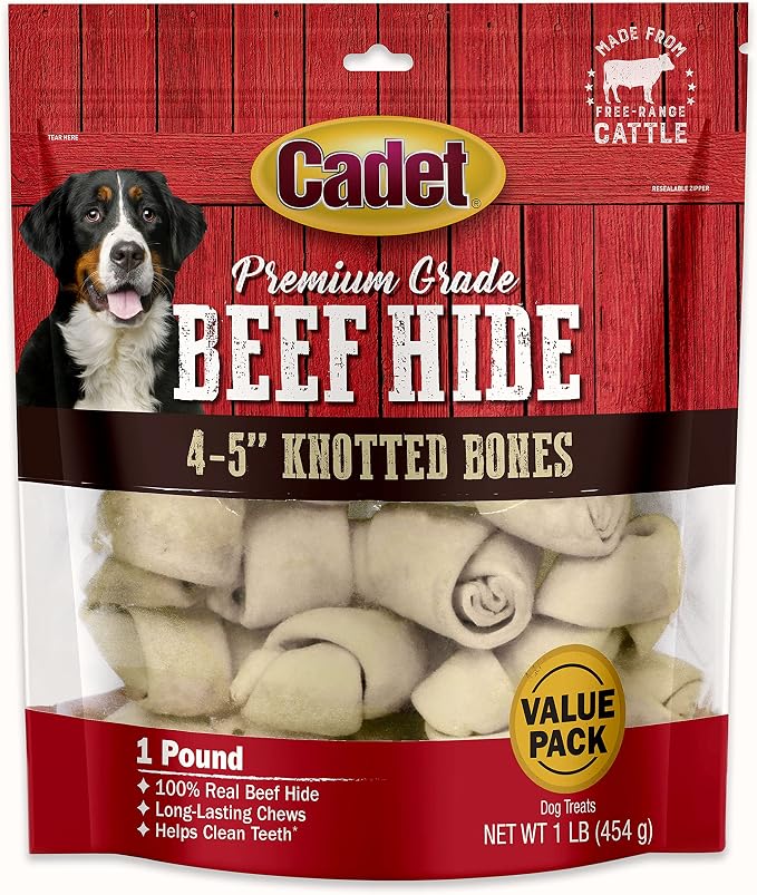 Cadet Premium Grade Beef Hide Dog Chews, 4" - 5" Long-Lasting Knotted Rawhide Bones, Single-Ingredient, Natural Flavor, 1 Pound