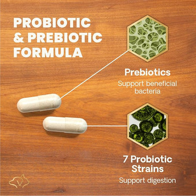 VetriScience Extra Strength Gut Health Probiotic & Prebiotic Digestive Supplements for Dogs & Cats, Gas & Diarrhea & Immune Support, Easy-Open Capsules, 180 Count