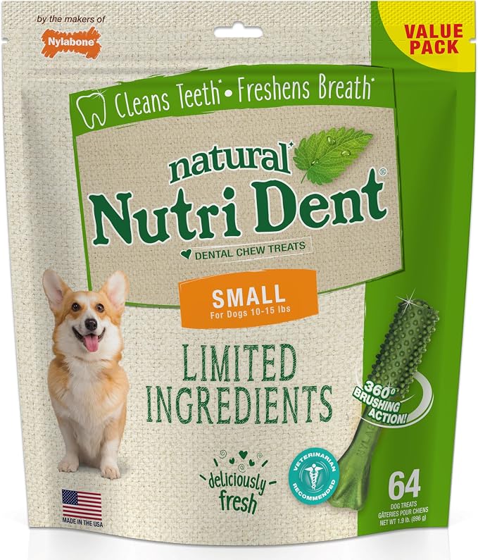 Nutri Dent Dog Dental Chews - Natural Dog Teeth Cleaning & Breath Freshener - Dental Treats for Dogs - Fresh Breath Flavor, Small (64 Count)