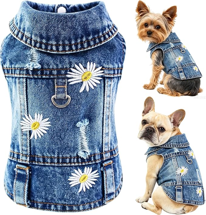 Denim Vest Jacket for Small Medium Dog Clothes Jean Apparel Cute Outfit for Dog Cat Girls Boys Puppy Costume Dog Harness Dress Shirt Chihuahua Yorkie(Many Daisy with D Ring, X-Large)