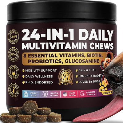 Complete Daily Dog Multivitamin, Bacon – Skin, Coat, Joint & Gut | 24-in-1 Chicken-Free with Glucosamine, Probiotics, Salmon Oil, Cranberry & Zinc – Made in USA