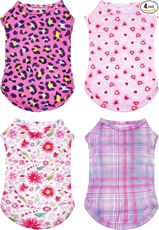 4 Pack Paw Bone Printed Dog Clothes Shirts Soft Vest Lightweight Sleeveless Cats Doggies T-Shirts Puppies Tank Top Tee for Small Medium Dogs White Black Pink Blue (Large, Pink for Girls)