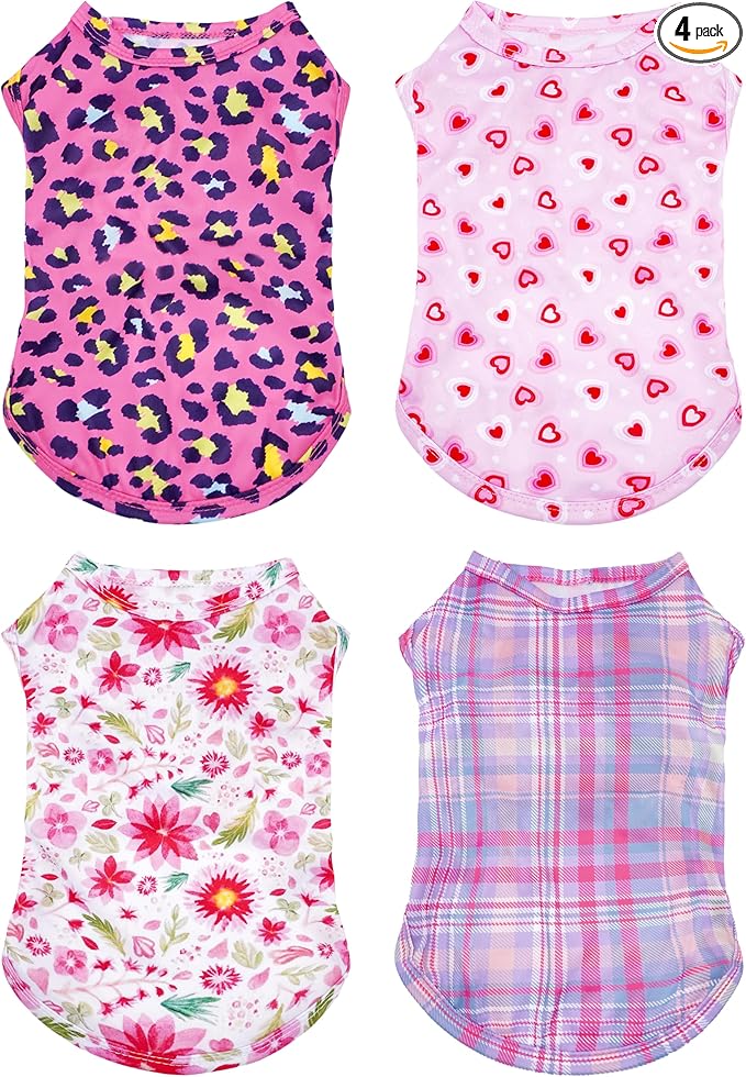 4 Pack Paw Bone Printed Dog Clothes Shirts Soft Vest Lightweight Sleeveless Cats Doggies T-Shirts Puppies Tank Top Tee for Small Medium Dogs White Black Pink Blue (X-Large, Pink for Girls)