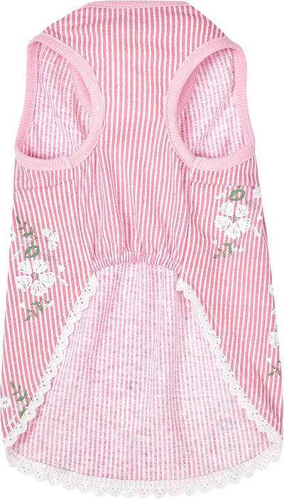 Blueberry Pet Wonderland Floral Sleeveless Dog Dress in Pink Stripe with Peter Pan Collar, Back Length 16", Pack of 1 Clothes for Dogs