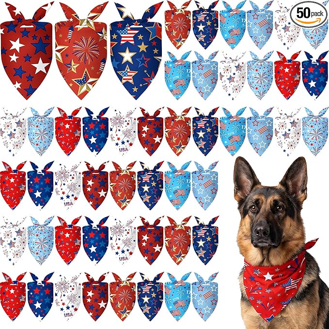50 Pcs 4th of July Dog Bandanas Bulk for 1776 Patriotic 250th Anniversary Star Red White and Blue Independence Day Flag Scarf for Small Medium Large Outfit(Star, 31.5 x 21.7 X21.7 Inch)