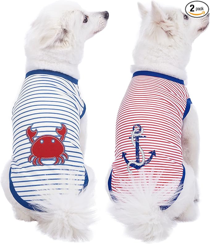 Blueberry Pet Soft & Comfy Summer Vacation Beach Cotton Dog T-Shirts, 2 Pack, Sunshine Sea Lover Striped Shirts Tank Top Clothes, Back Length 14", for Small Medium Dogs
