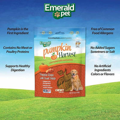 Emerald Pet Pumpkin Harvest Dog Treats, Sweet Potato Flavor, 6 oz – Soft Chewy Low-Fat Natural Dog Treats with Real Pumpkin for Digestive Health – Meat-Free, Wheat-Free, Made in USA