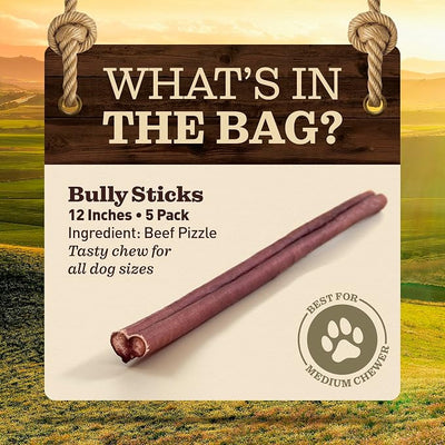 Pet Odor-Free Standard Bully Sticks (12", 5 Pack) – 100% Grass-Fed Beef Pizzle Dog Chews, Fully Digestible & Long-Lasting Dental Treats