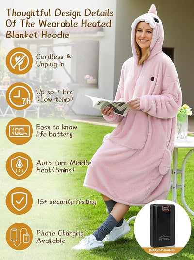Wearable Heated Blanket Hoodie with 16000 mAh Battery,Cordless Heating Throw,Electric Shawl Robe with Sleeves,Gift for Family