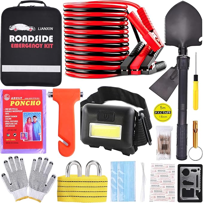 Emergency Roadside Kit for Car Auto Safety Kit with Jumper Cables Headlamp | Gifts for New Drivers with Tow Rope Folding Shovel, Safety Hammer Etc. For Travel, Breakdowns and Emergencies for Men Women