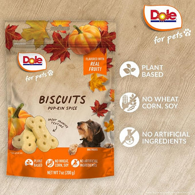 Dole for Pets Dog Biscuits Pup-kin Spice Pumpkin Fall Flavor Real Vegetable Flavor Vegan Crunchy Treats No Wheat Corn Soy No Artificial Additives Bite Size Training Snacks 7 OZ Single Bag Single