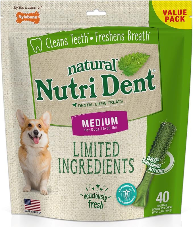 Nutri Dent Dog Dental Treats - Natural Dog Teeth Cleaning & Breath Freshener - Dental Treats for Dogs - Fresh Breath Flavor, Medium (40 Count)