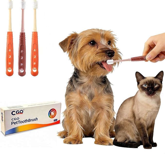 CGO Silicone 360° Toothbrush for Small Dogs & Cats - 3 Pack Round Head Pet Toothbrush, Gentle Chewable Brush with Soft Bristles, Dental Care Kit for Puppy Kitten Oral Hygiene (2 Orange, 1 Brown)