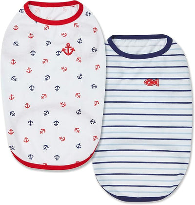 Blueberry Pet Soft & Comfy Summer Vacation Beach Cotton Dog T-Shirts, 2 Pack, Sea Lover Navy Sailor Shirts Tank Top Clothes, Back Length 10", for Small Dogs