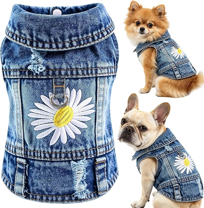 Denim Vest Jacket for Small Medium Dog Clothes Jean Apparel Cute Outfit for Dog Cat Girls Boys Puppy Costume Dog Harness Dress Shirt Chihuahua Yorkie(One Daisy with D Ring, Large)