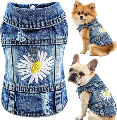 Denim Vest Jacket for Small Medium Dog Clothes Jean Apparel Cute Outfit for Dog Cat Girls Boys Puppy Costume Dog Harness Dress Shirt Chihuahua Yorkie(One Daisy with D Ring, Large)