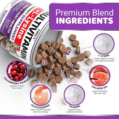 Cat Multivitamin Chews - Cat Vitamins and Supplements - Taurine & Lysine for Cats - Omega-3, Glucosamine, Cranberry - Skin & Coat, Hip & Joint Support - Immune Health, Skin, Heart, Digestion