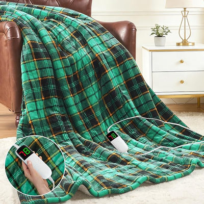 Heated Blanket Electric Throw 50X60 Heating Blanket with 10 Heating Levels 8 Hours Auto Off, Green Plaid Sherpa Blankets Winter Warmer, Home Decor for Couch Bed Office,Gifts for Mom, Women,Washable