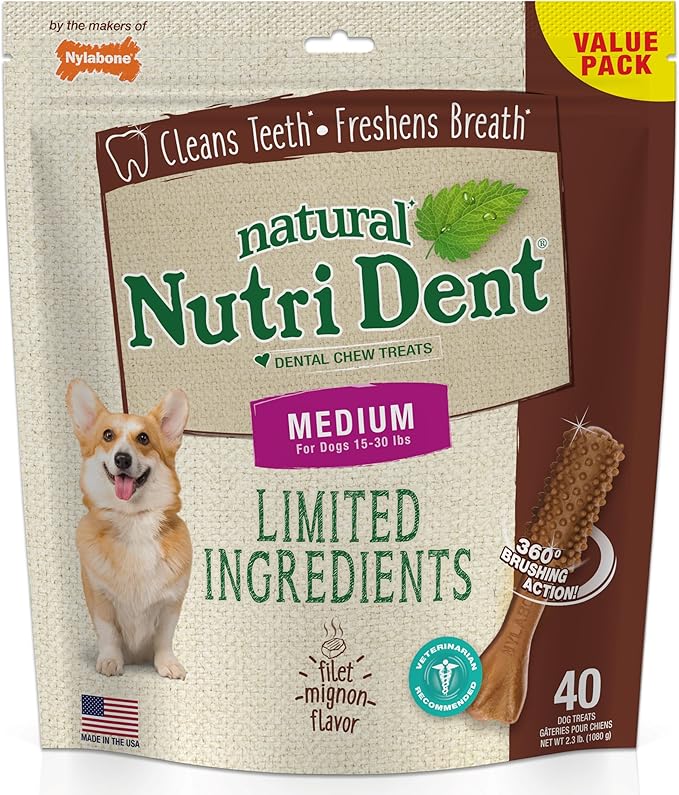 Nutri Dent Dog Dental Chews, Natural Teeth Cleaning Dental Treats & Breath Freshener for Dogs, Filet Mignon Flavor, Medium (40 Count)