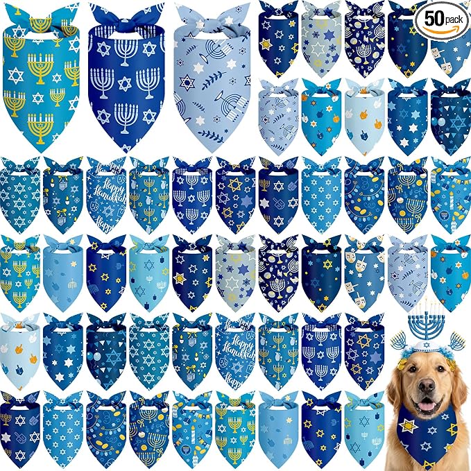 Abbylike 50 Pcs Hanukkah Dog Bandanas Bulk Blue Bandanas for Dogs Triangle Kerchief Bibs Scarf Set for Pet Hanukkah Costume Photo Props Accessories Pet Shops, 25 Styles (25.6 x 17.7 x 17.7)