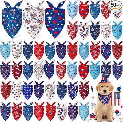 Abbylike 50 Pcs Patriotic Dog Bandanas Bulk 4th of July Bandanas for Dogs Star Triangle Kerchief Bib Scarf Set for Pet Independence Day 250th Anniversary Party Costume, 25 Styles(25.6 x 17.7 x 17.7)