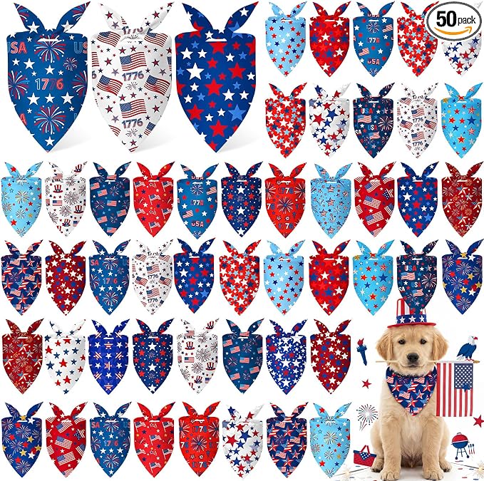 50 Pcs Patriotic Dog Bandanas Bulk 4th of July Bandanas for Dogs Star Triangle Kerchief Bib Scarf Set for Pet Independence Day 250th Anniversary Party Costume, 25 Styles(25.6 x 17.7 x 17.7)
