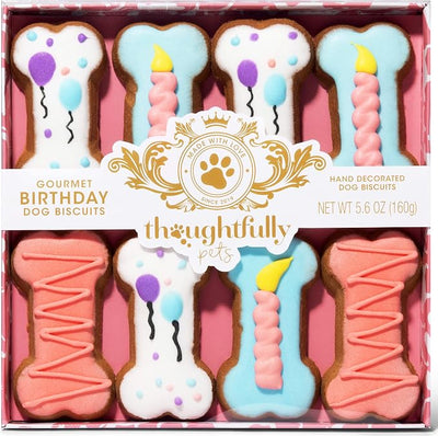 Thoughtfully Pets, Pink Dog Birthday Cookie Gift Set, Hand Decorated Crunchy Dog Treats in Bone Shapes, Great for Birthdays, Set of 8