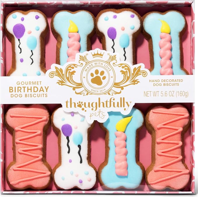 Pets, Pink Dog Birthday Cookie Gift Set, Hand Decorated Crunchy Dog Treats in Bone Shapes, Great for Birthdays, Set of 8